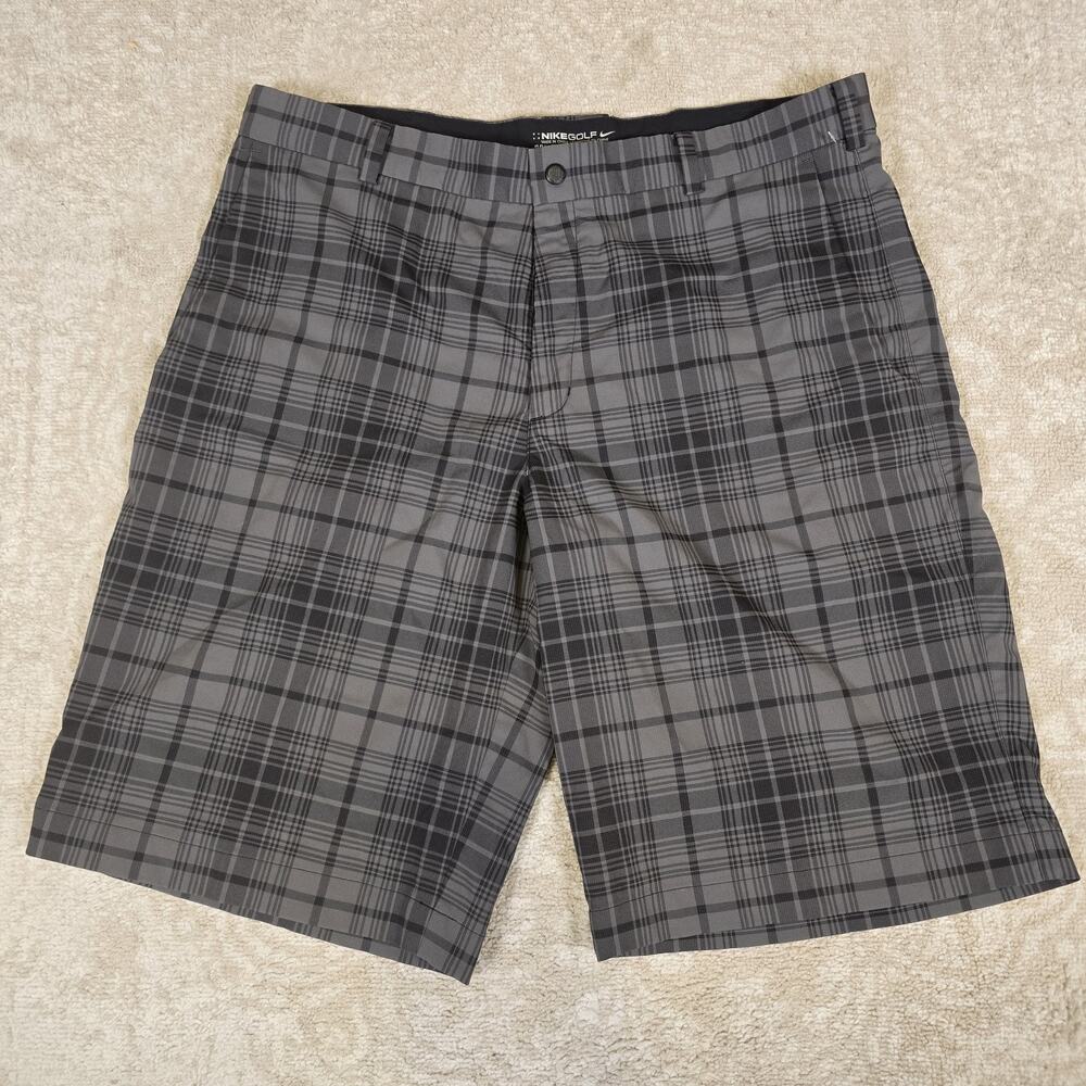 Nike Golf Dri Fit Shorts - Mens 36 Tour Performance Gray/Black Plaid Flat Front